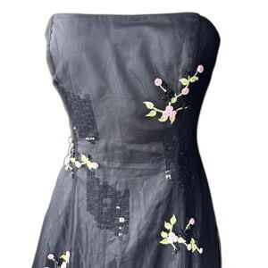 Y2K vintage Morgan and Co strapless a-line dress black mesh embroidery 10325